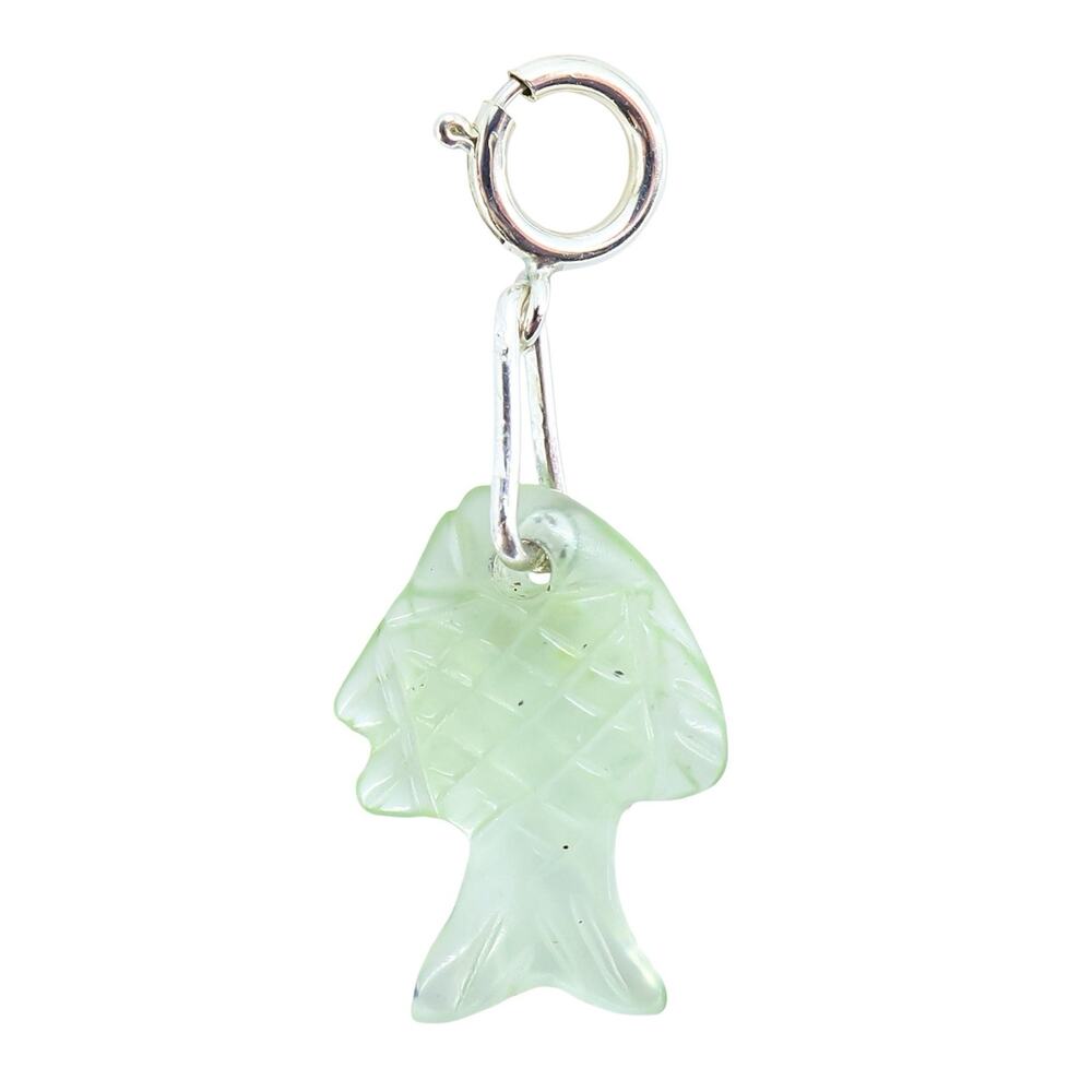 Carved Green Stone Fish Charm with Sterling Silver Clasp